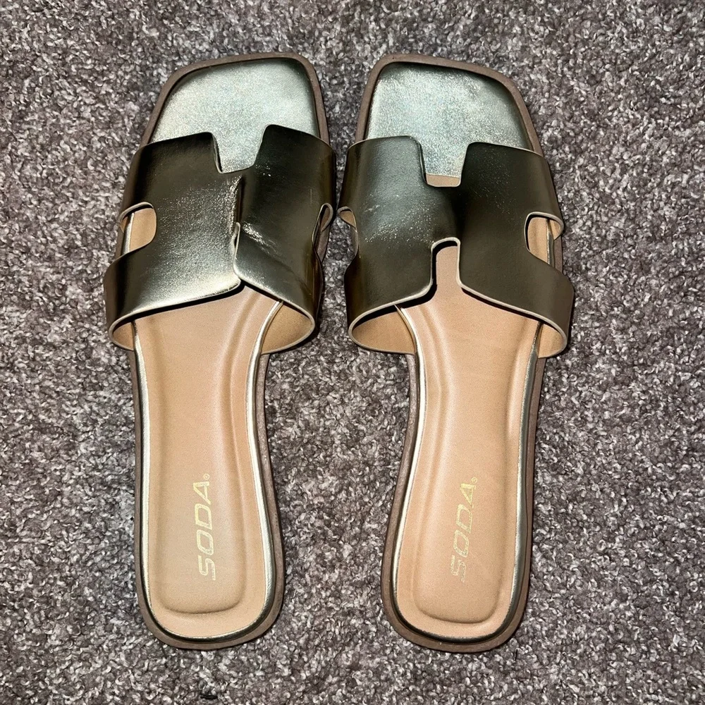 Soda Gold Slide Sandals with H Cut-Out Design - Picture 3 of 4